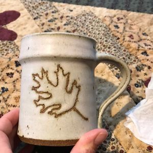 Oak leaf design hand thrown pottery mug